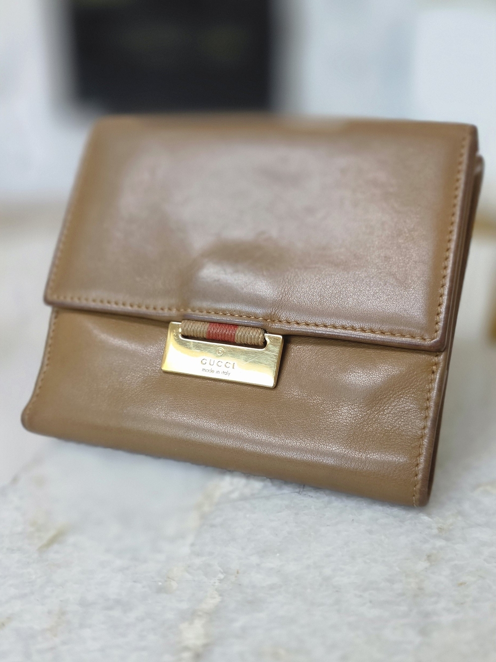 Authentic Vintage Gucci Tan Leather Bifold Wallet Web Stripe Clasp Made in Italy - Picture 15 of 16
